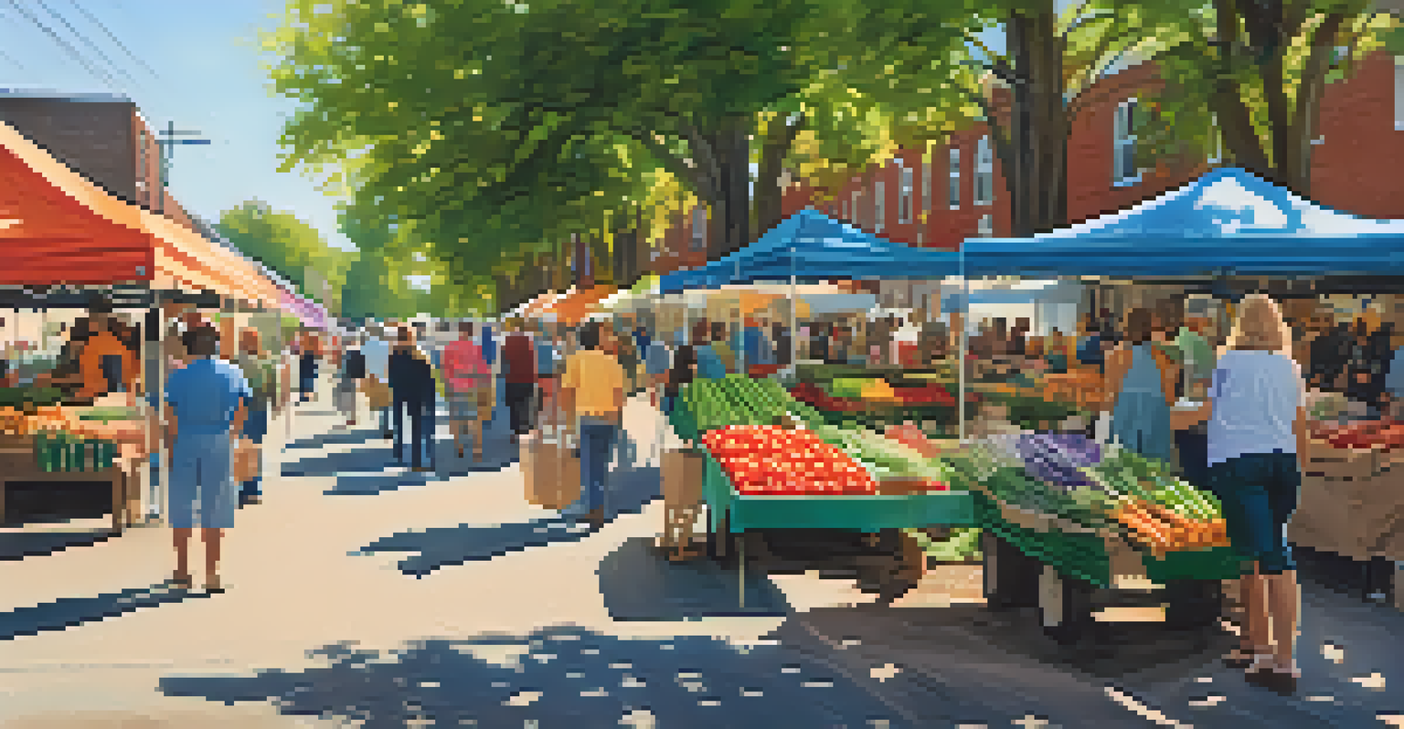 A lively farmers' market in Georgia, featuring colorful stalls of fresh produce and people interacting with farmers, under warm sunlight.