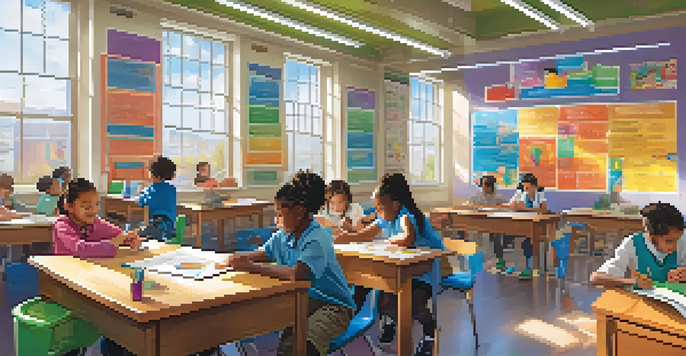 A lively classroom with students of different backgrounds participating in a STEM activity, surrounded by educational posters and bright natural light.