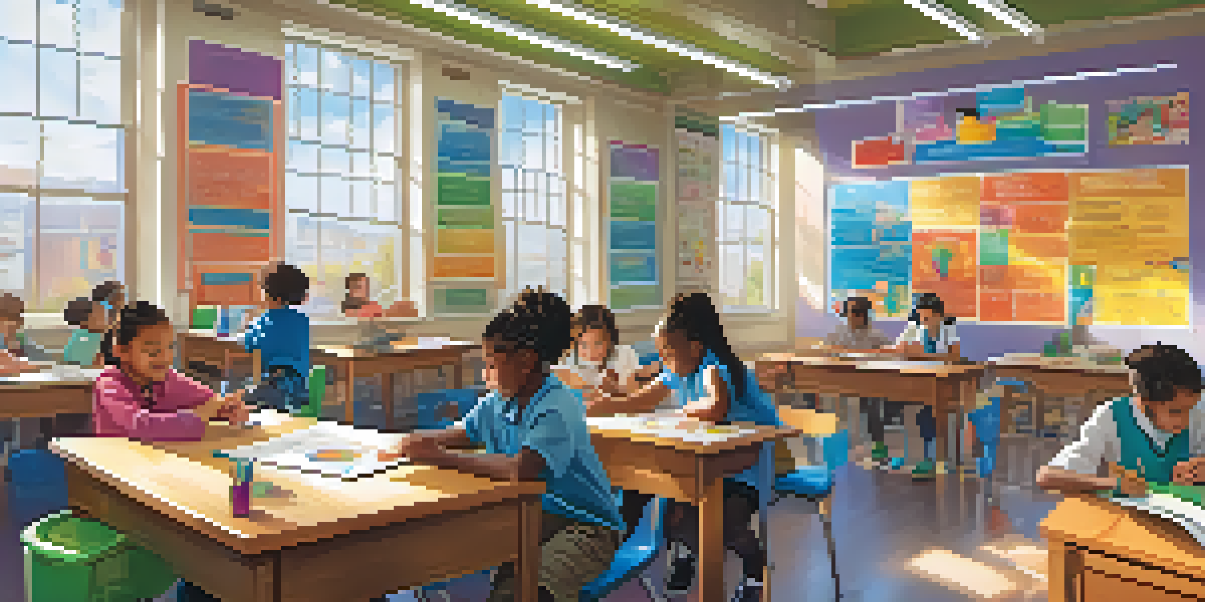 A lively classroom with students of different backgrounds participating in a STEM activity, surrounded by educational posters and bright natural light.