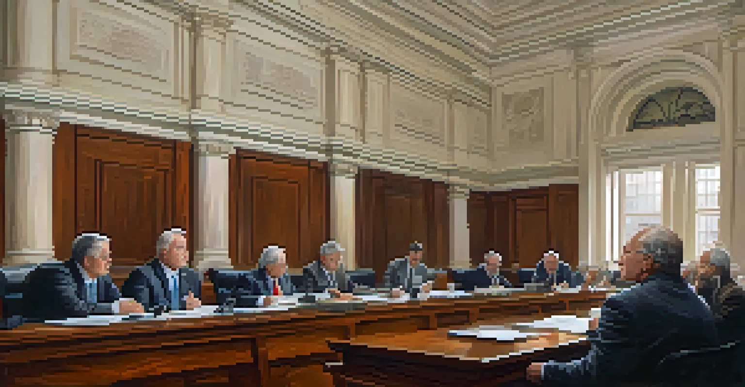 A small group of lawmakers in a committee meeting, discussing over documents and laptops with natural light streaming in through large windows.