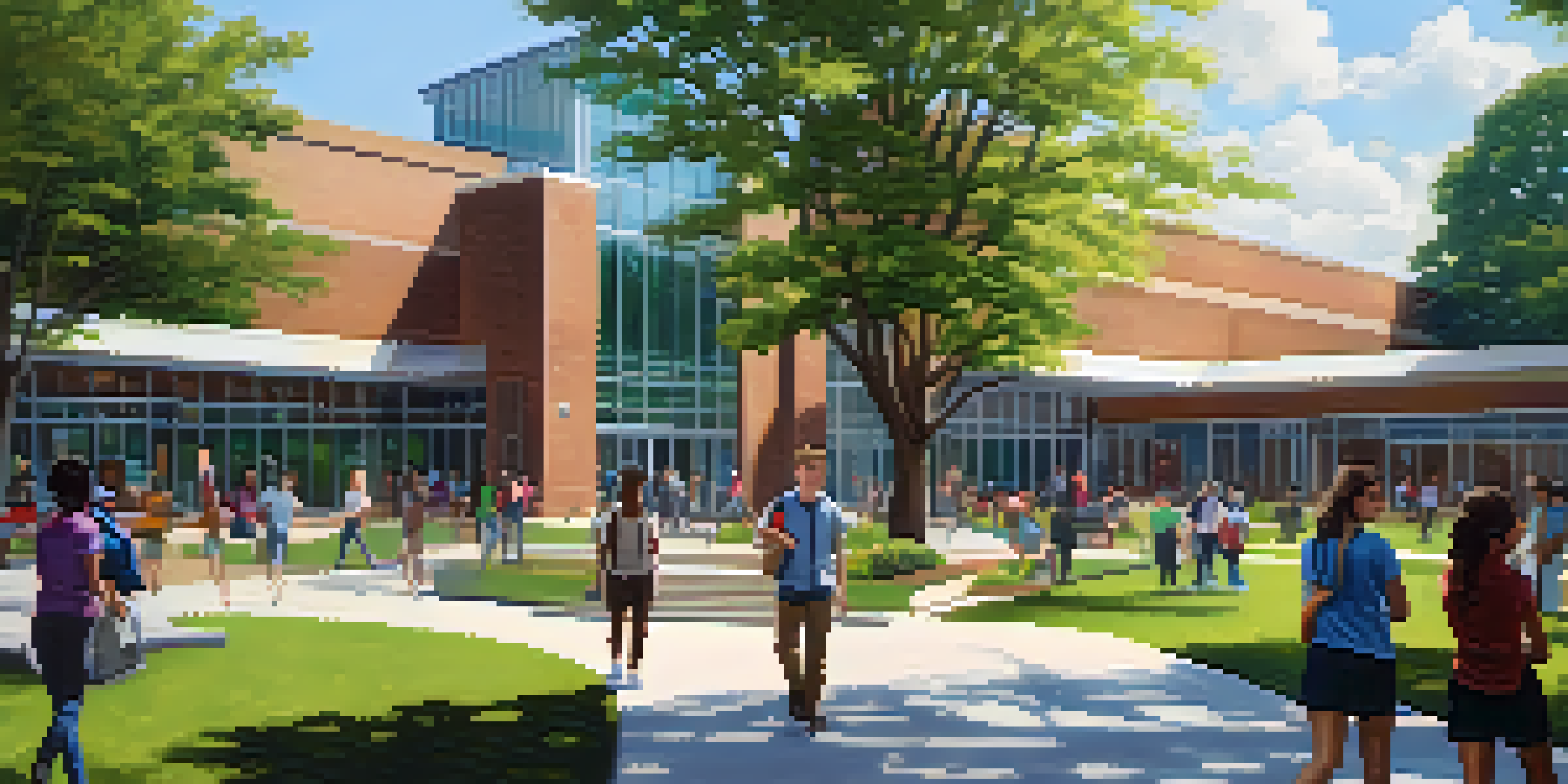 A lively community college campus in Georgia with diverse students engaged in various activities, surrounded by greenery and modern buildings.