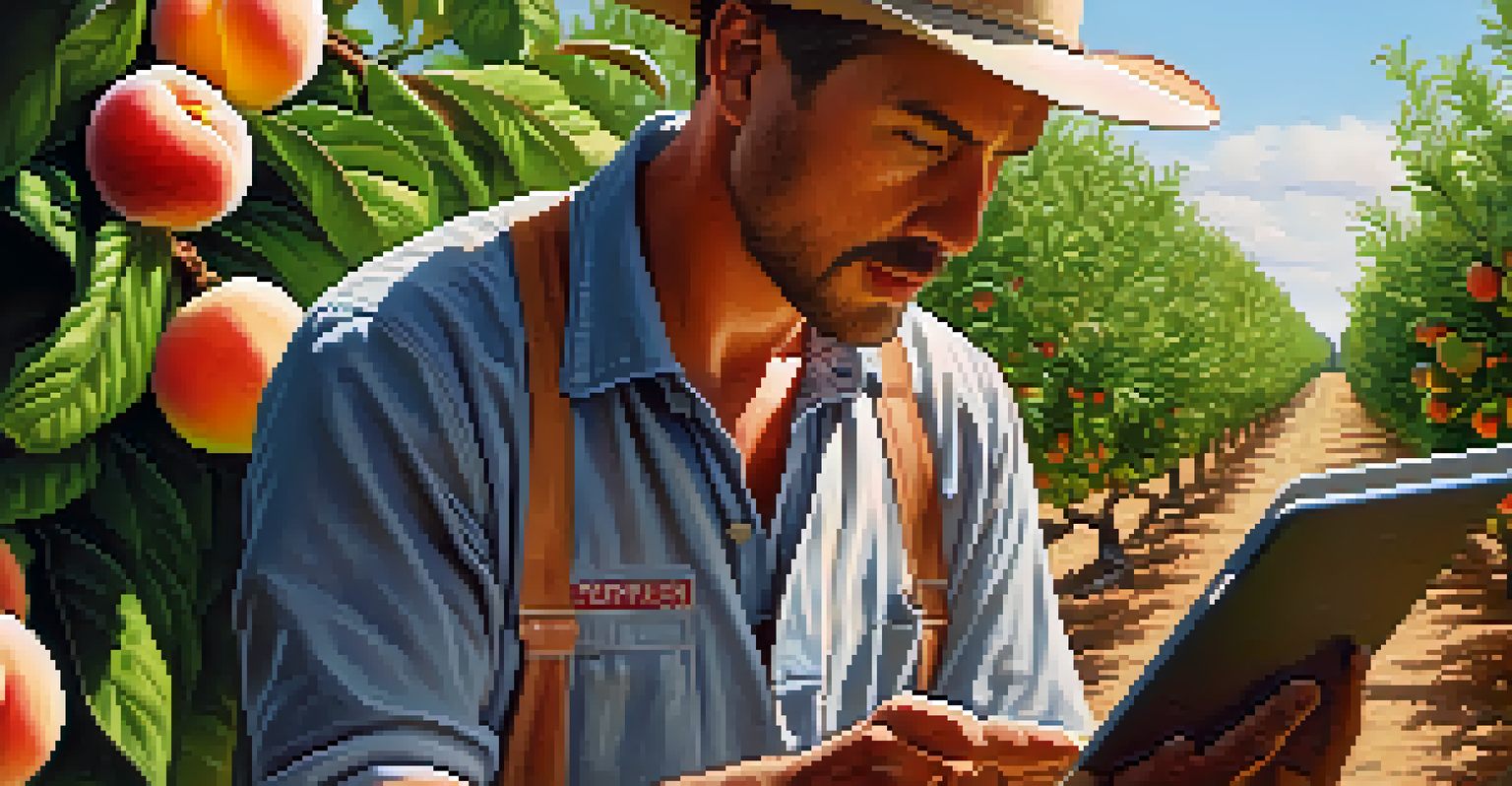 Close-up of a farmer using a tablet in a peach orchard, highlighting the use of technology in modern agriculture.