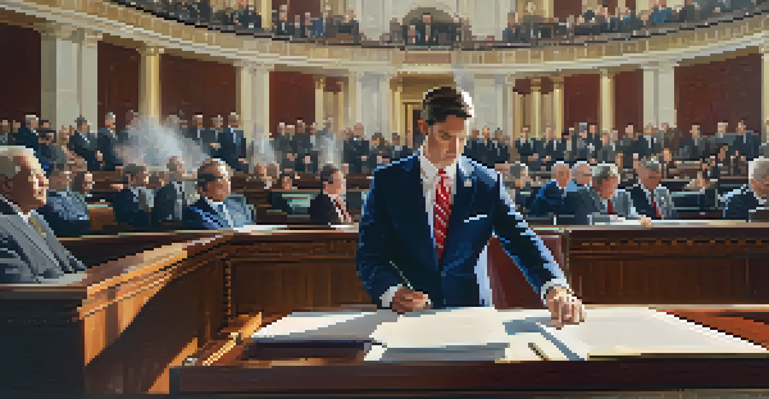 Close-up of hands reviewing a legislative bill, with blurred images of the chamber in the background, illuminated by soft sunlight.