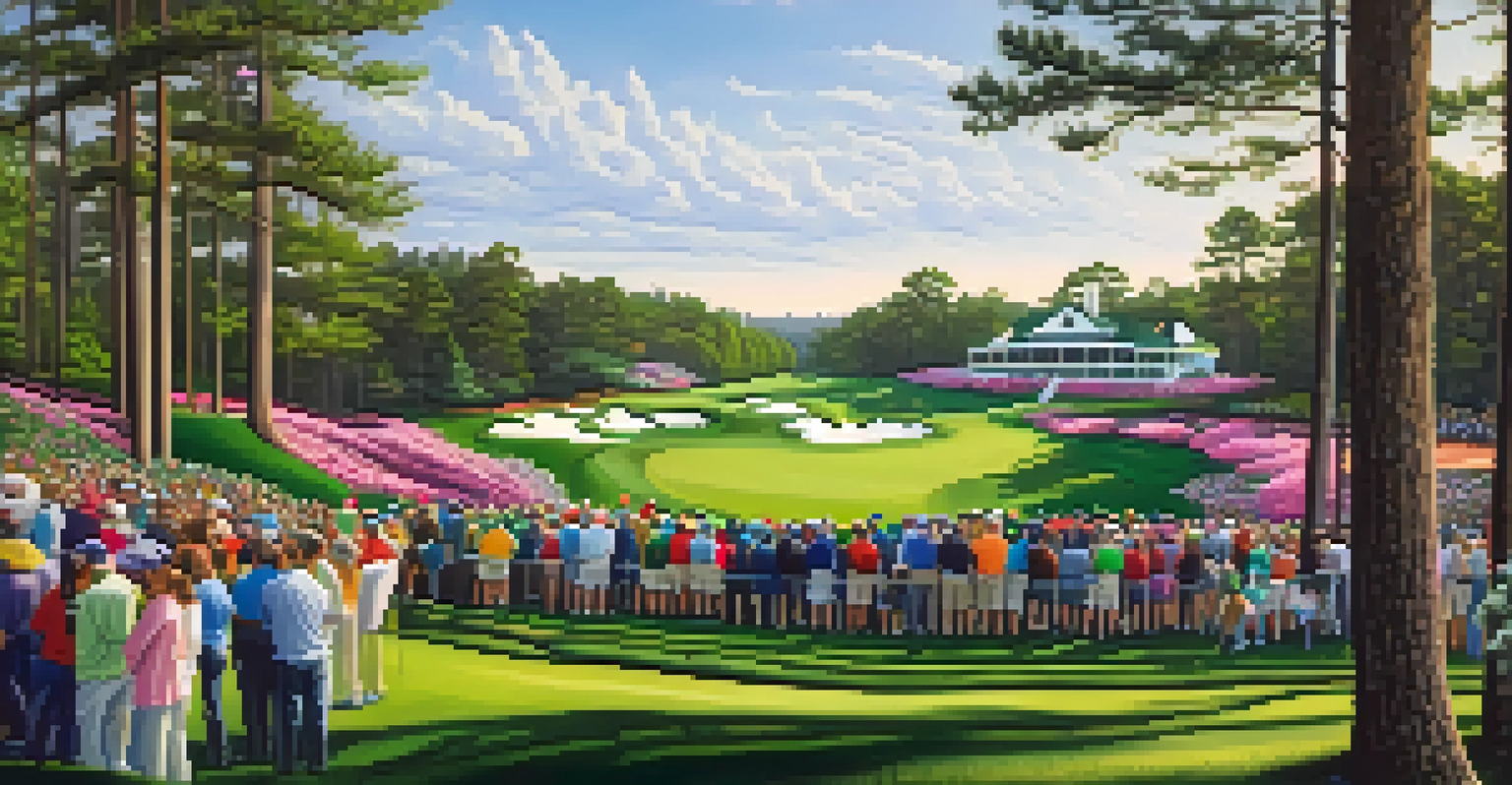A beautiful view of Augusta National Golf Club during the Masters Tournament, with green fairways, blooming azaleas, and spectators enjoying the event.