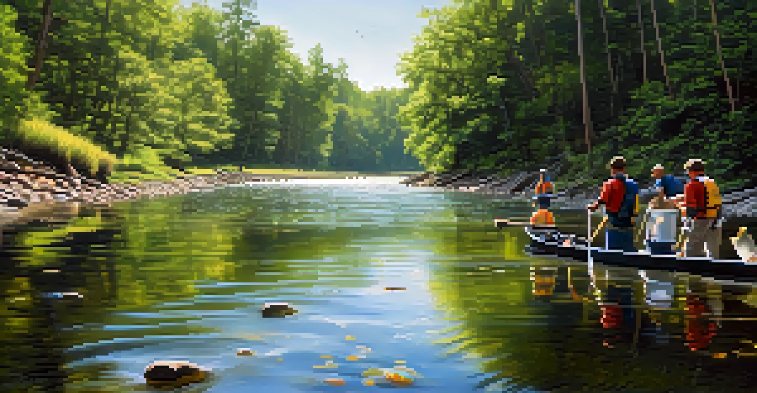 A clear river in Georgia with tall trees, sparkling water, and volunteers participating in a cleanup effort.