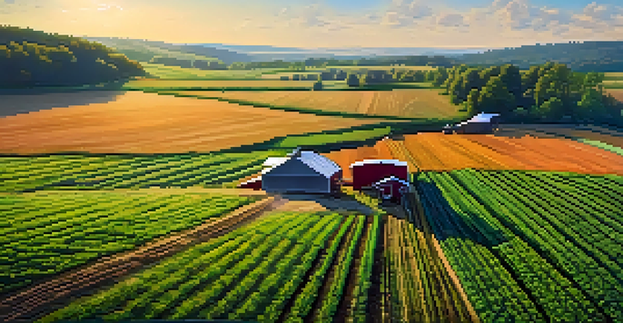 A farmer using a drone to monitor crops on a lush green farm in Georgia, showcasing advanced farming technology.