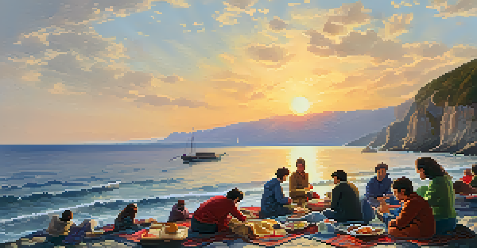 A beautiful sunset over the Black Sea with people enjoying a picnic on the beach.