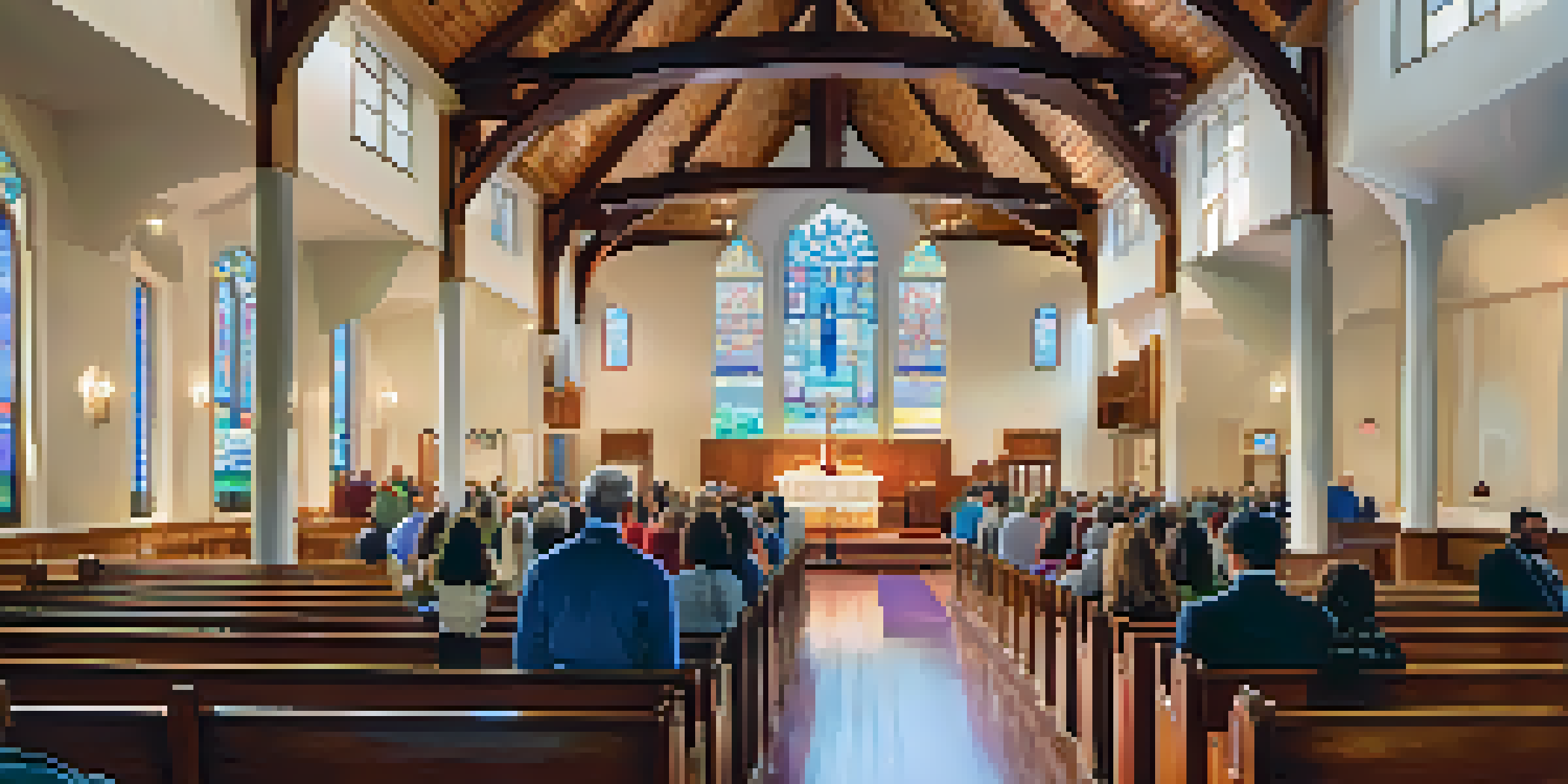 Interior view of Tabernacle Church featuring wooden beams, soft lighting, and stained glass windows, with congregants participating in worship.