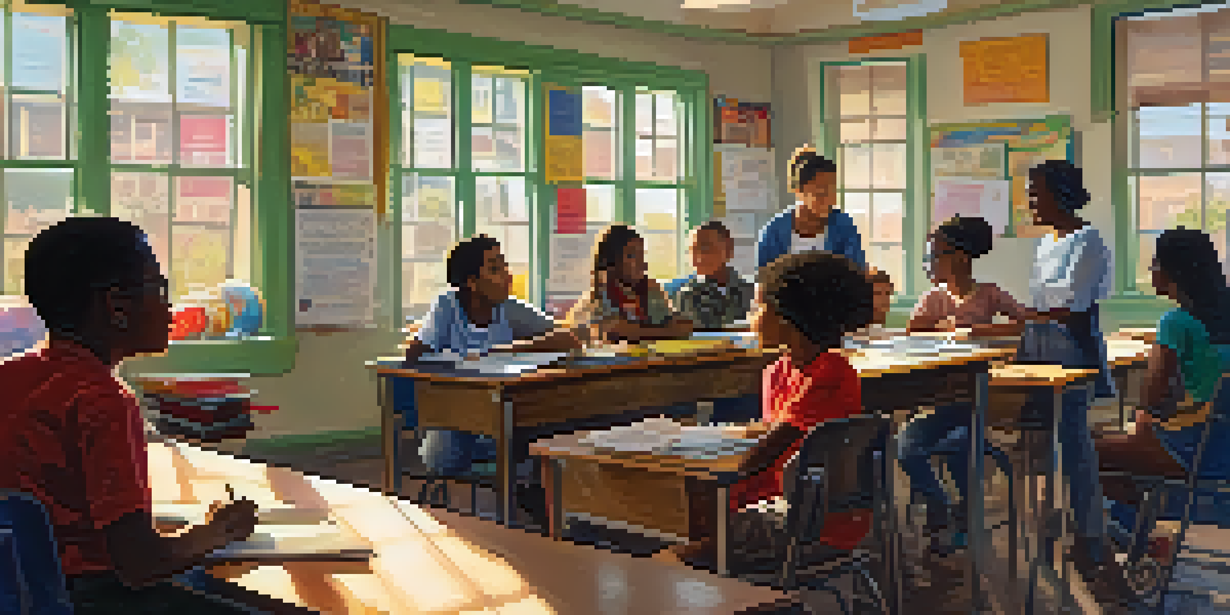 A classroom filled with diverse students discussing civic participation, with posters on the walls and sunlight streaming in.
