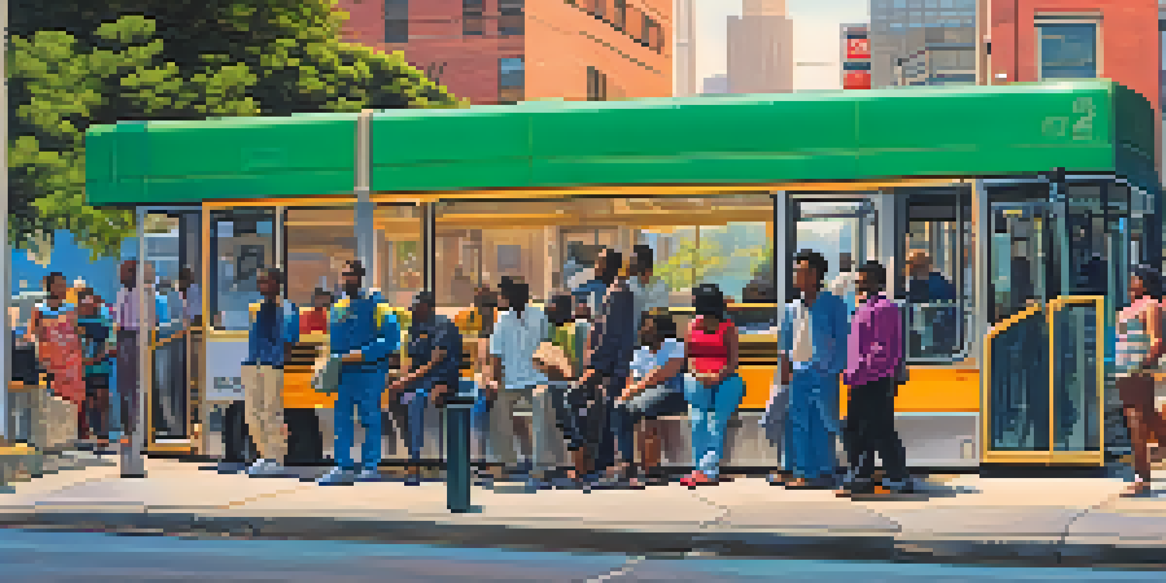 A diverse group of people waiting at a bus stop in Atlanta, with colorful buses and flowers around them under soft morning sunlight.