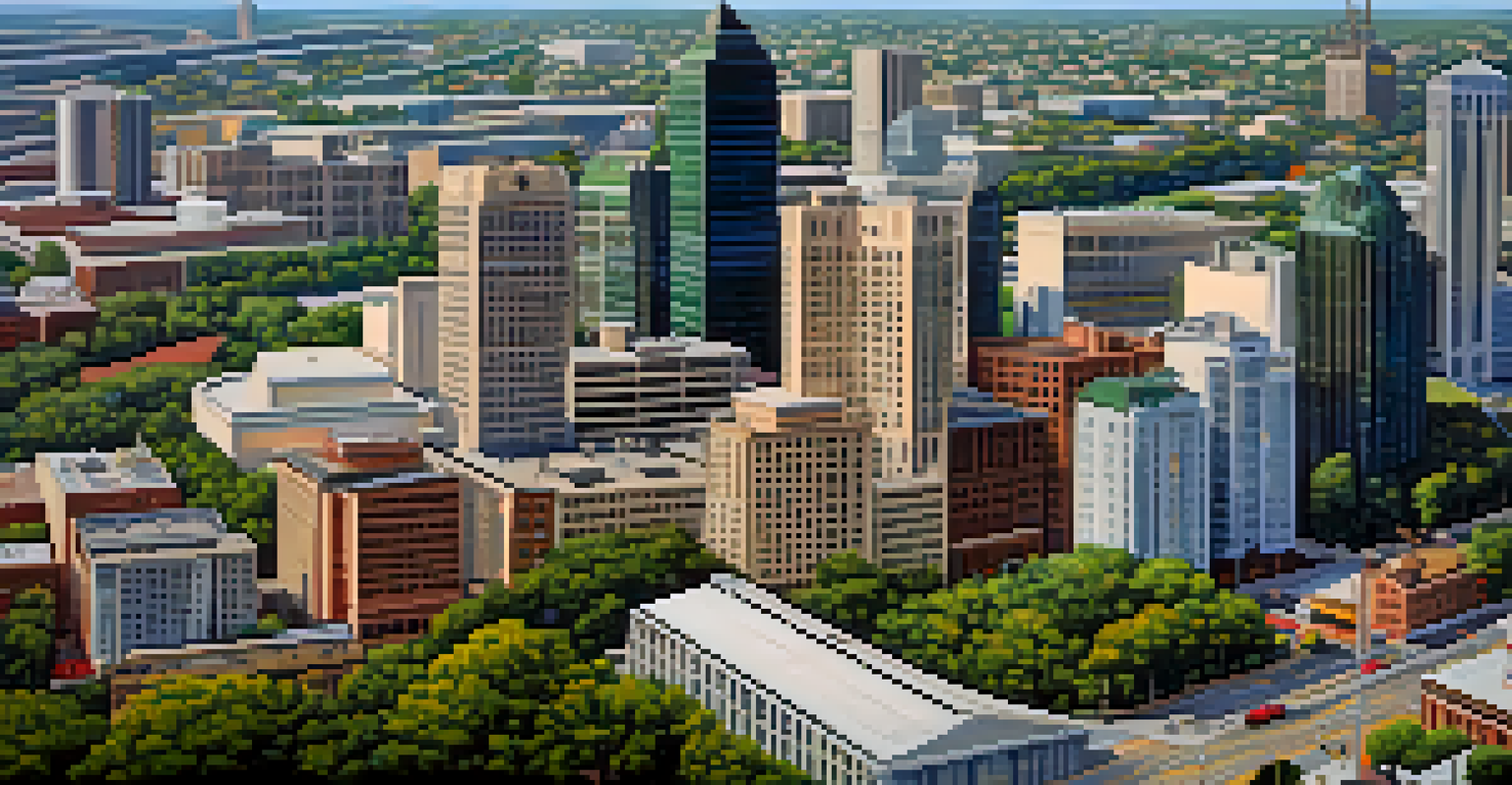 Aerial view of Atlanta, Georgia, showcasing the skyline along with film production studios and greenery.
