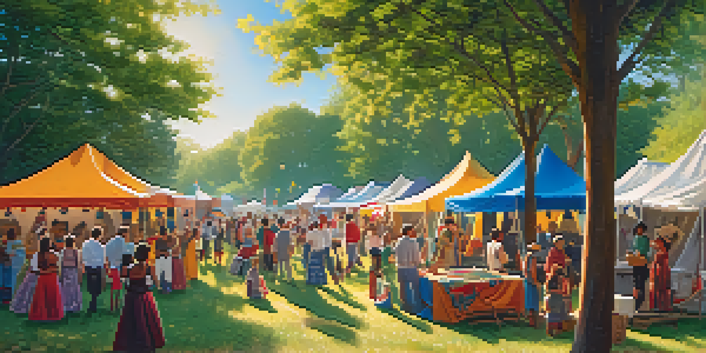 A lively community festival with colorful tents, artisans, families participating in games, and musicians in a sunlit park.