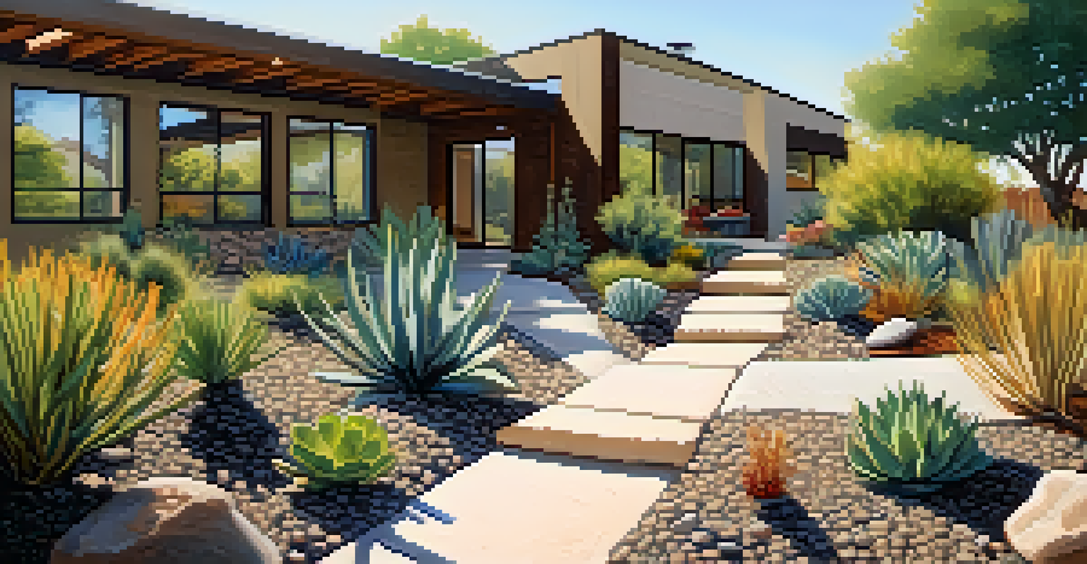 A sustainable landscaped yard with drought-resistant plants and gravel pathways, showcasing native flora in bright afternoon sunlight.