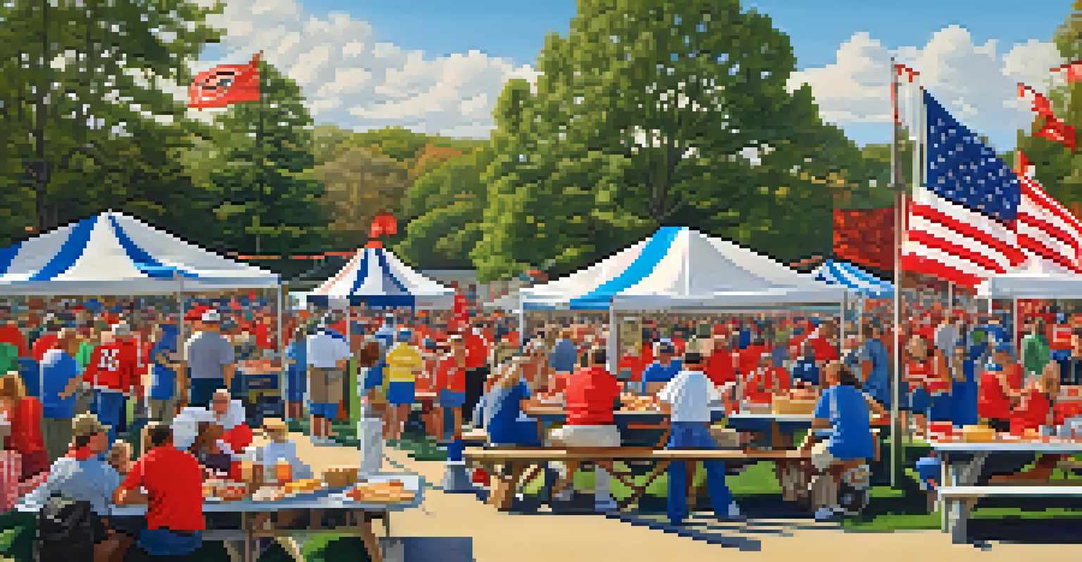 A group of fans tailgating with food and team flags outside a stadium on a sunny day.