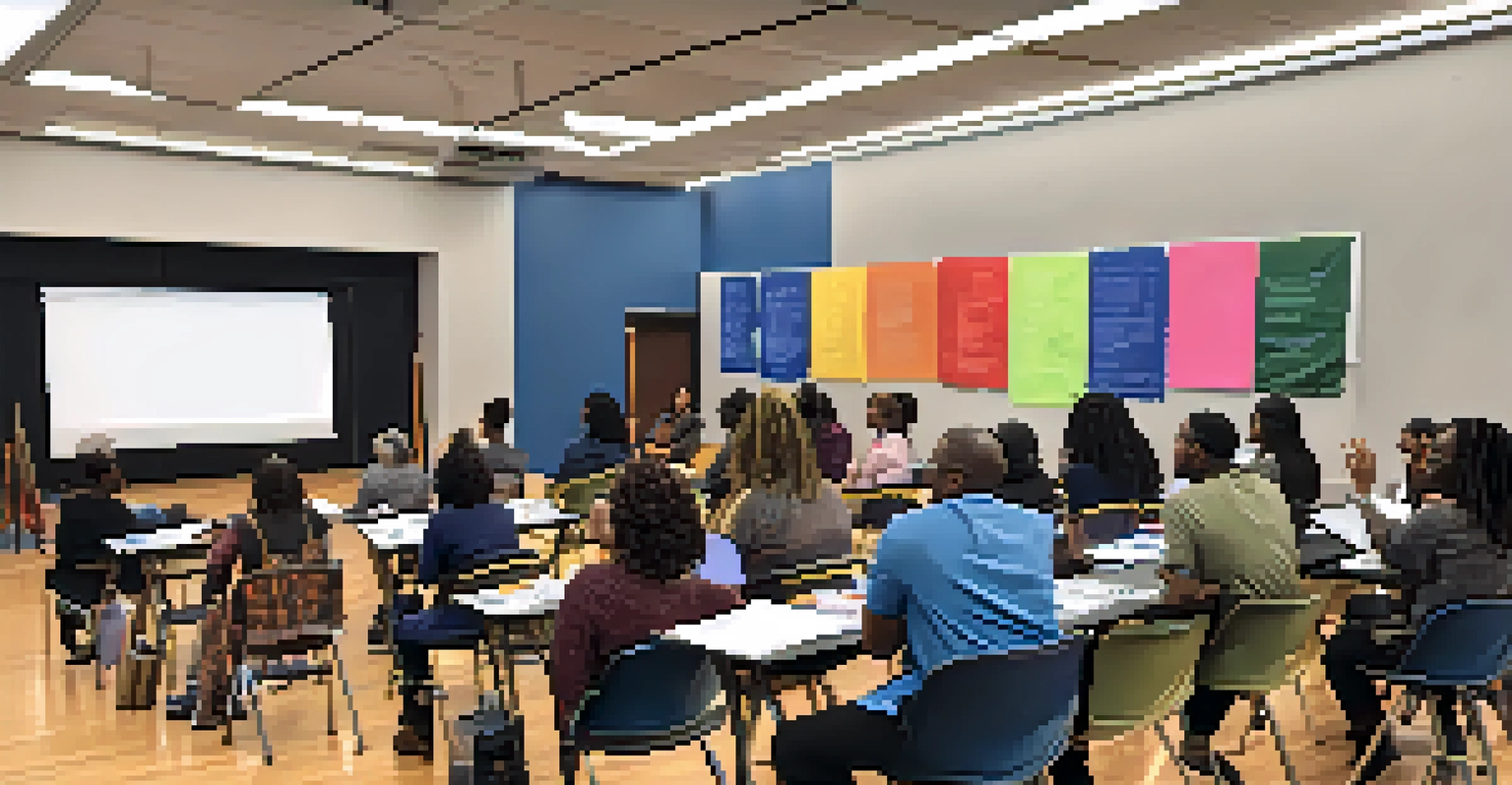 A workshop at Georgia State University with diverse participants engaged in cultural competency training, featuring visual aids and diversity posters.