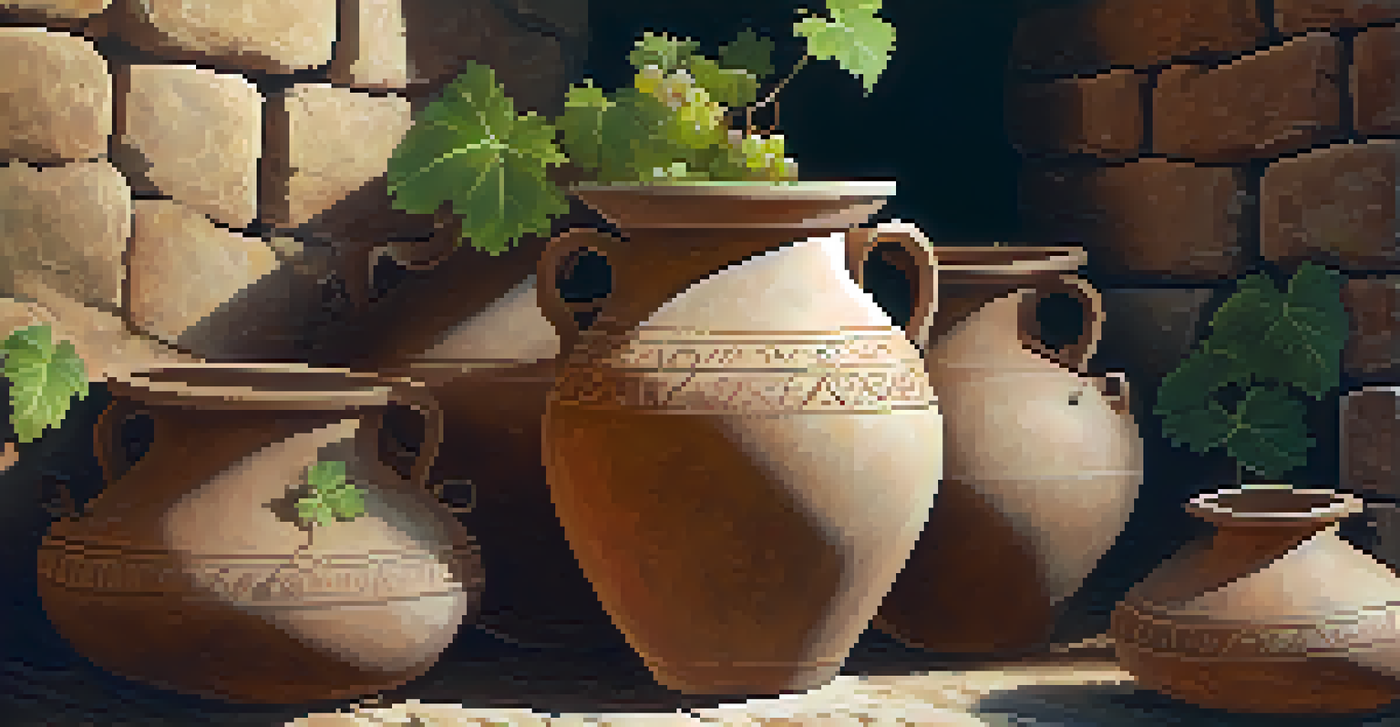 A close-up of clay qvevri vessels surrounded by grapevines, with soft light highlighting the earthy textures.