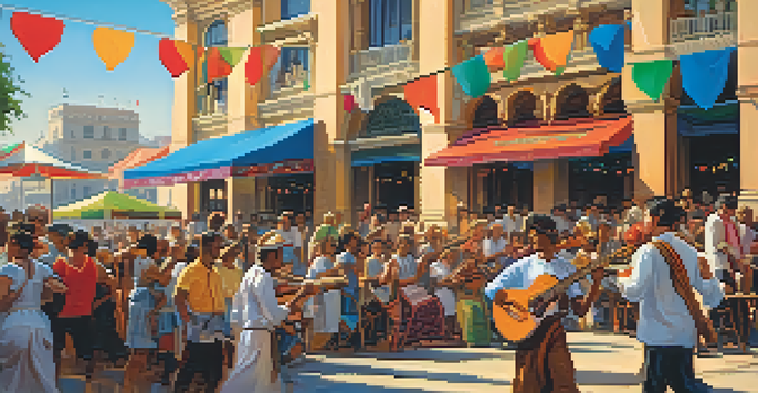A lively outdoor festival in Georgia with a diverse crowd enjoying music and cultural performances under a bright blue sky.