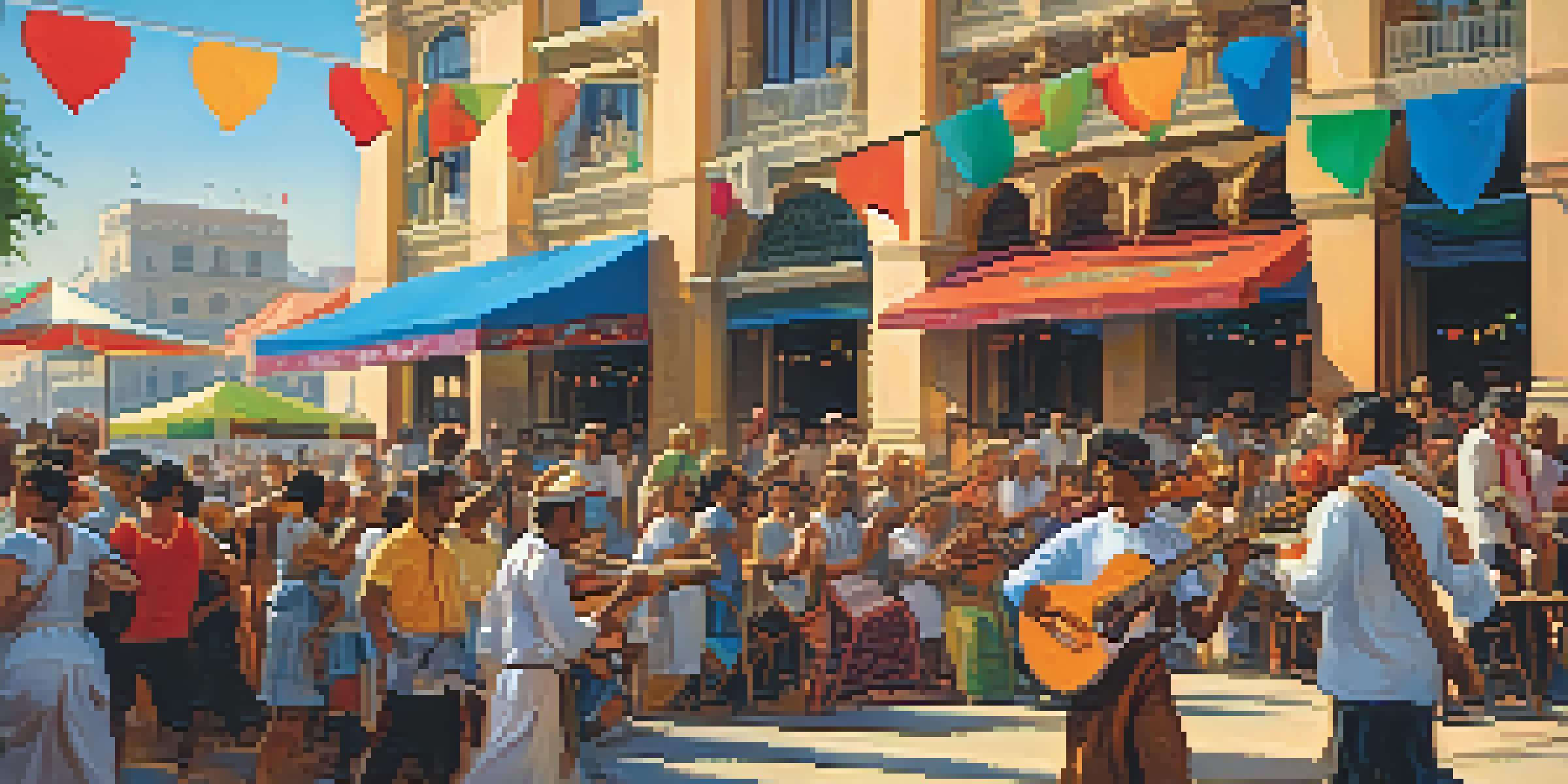A lively outdoor festival in Georgia with a diverse crowd enjoying music and cultural performances under a bright blue sky.