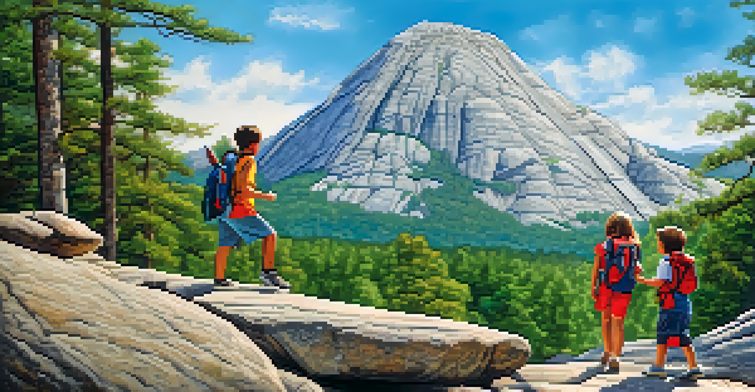 A family hiking at Stone Mountain Park with a view of the granite mountain, children playing on Geyser Towers, and a sunny sky.