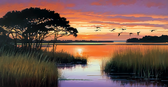 A peaceful sunset over Georgia's salt marshes with herons standing by the water's edge and tall grasses in the foreground.