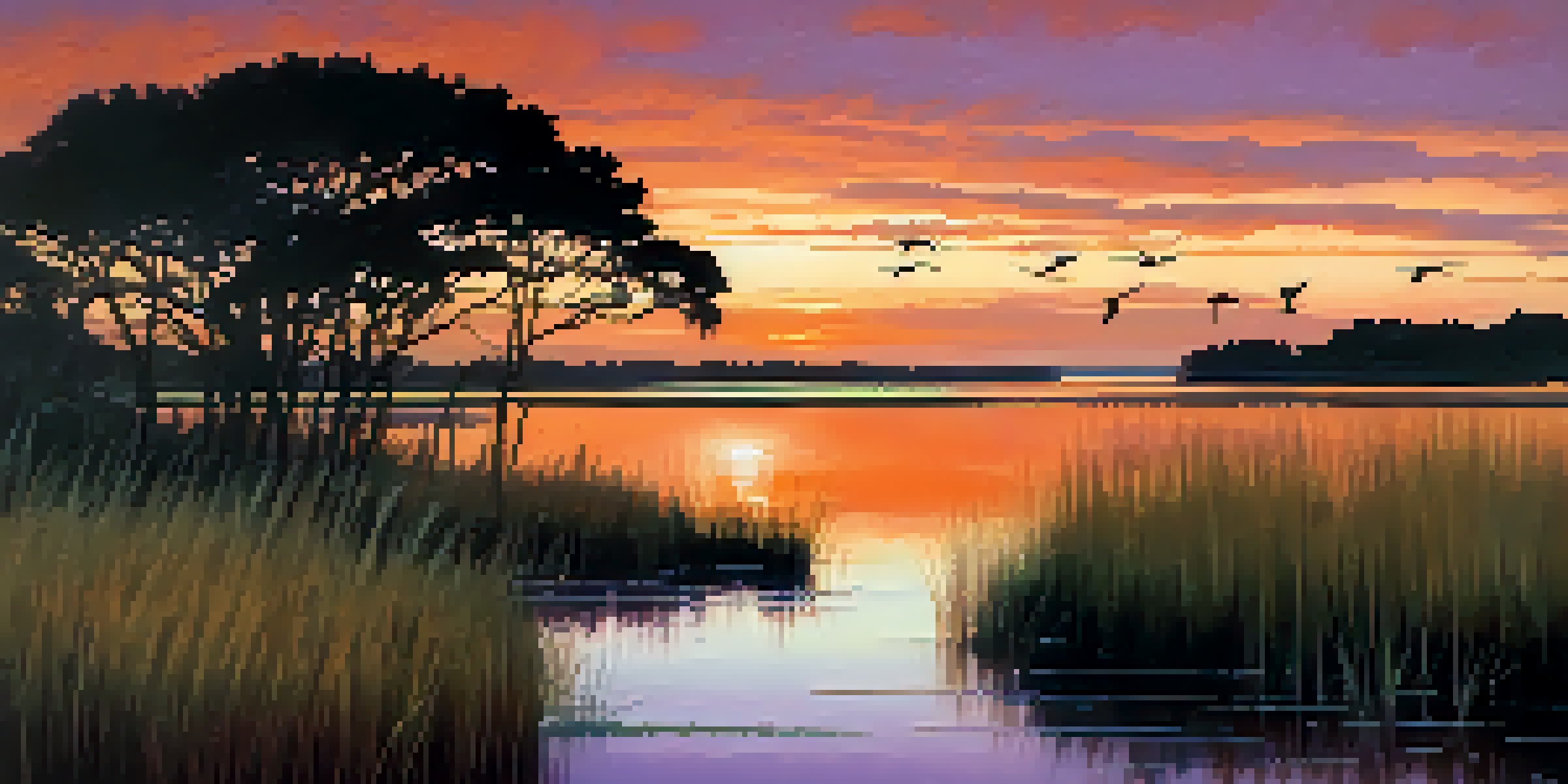 A peaceful sunset over Georgia's salt marshes with herons standing by the water's edge and tall grasses in the foreground.