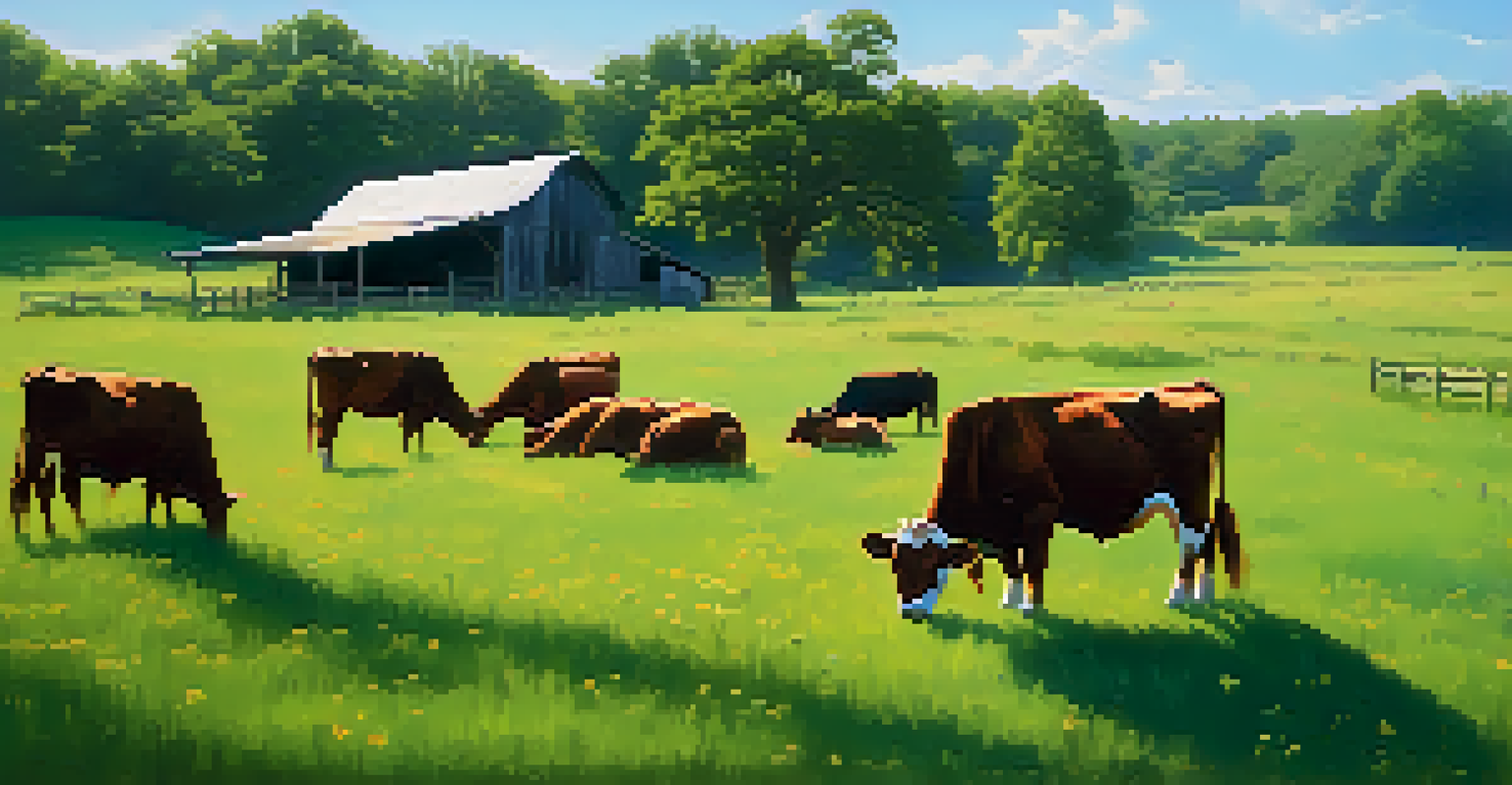 A peaceful pasture in Georgia with grazing cattle and a barn in the background.
