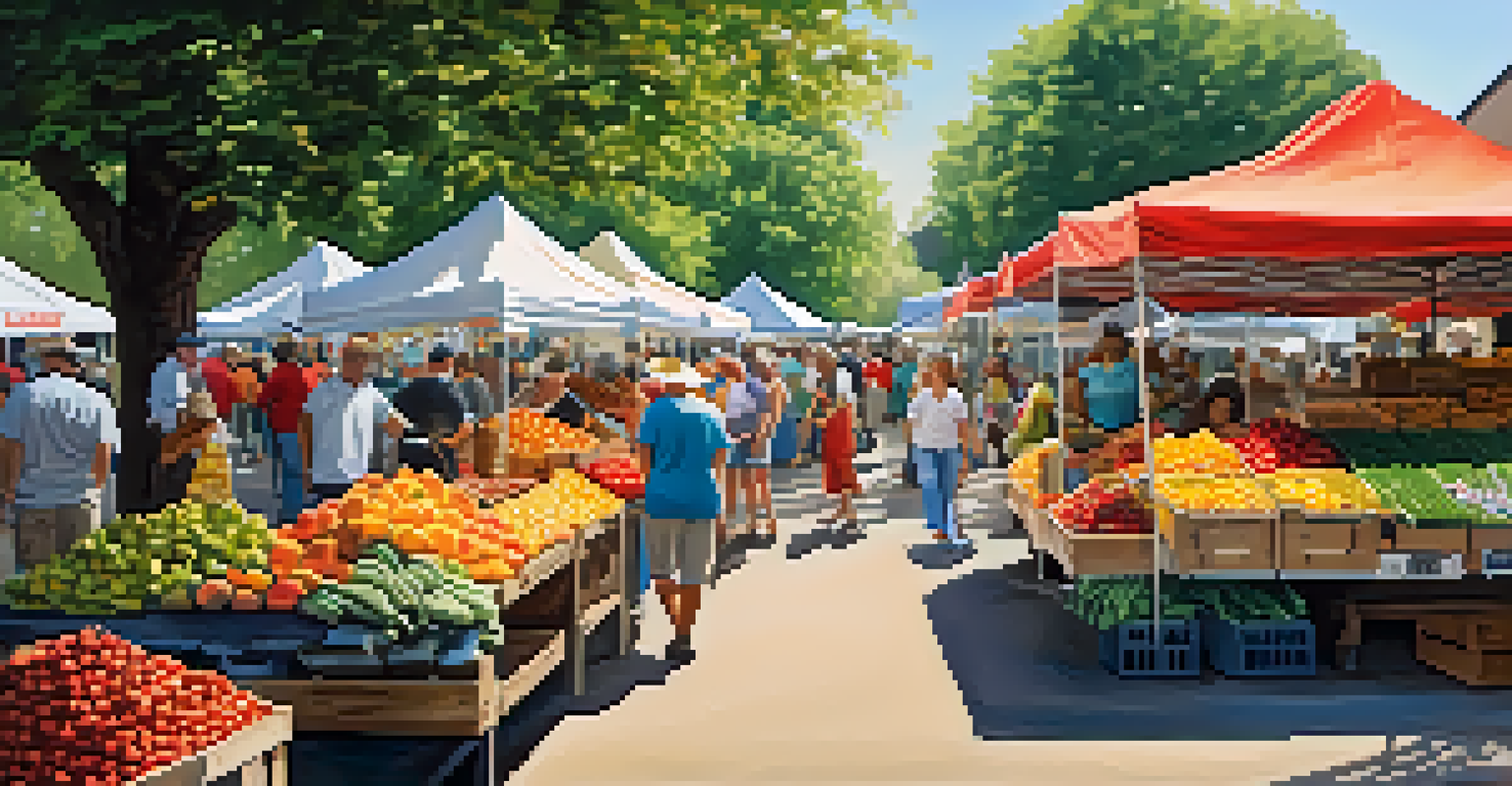 A lively farmer's market with stalls of fresh produce and people interacting.