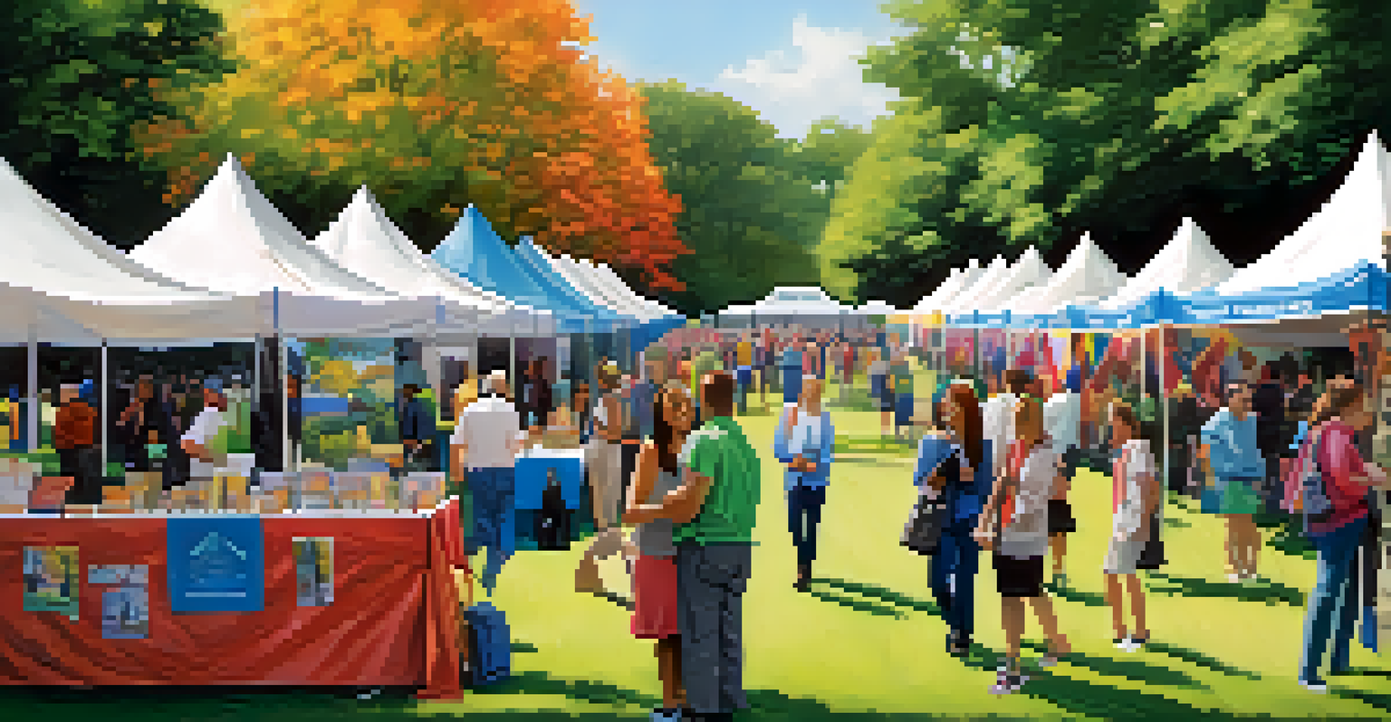 A lively outdoor job fair with diverse job seekers interacting with recruiters under colorful tents in a park setting.