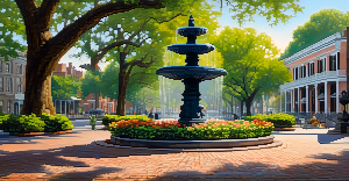A scenic view of a historic square in Savannah with a fountain, flowers, and old buildings under soft sunlight.