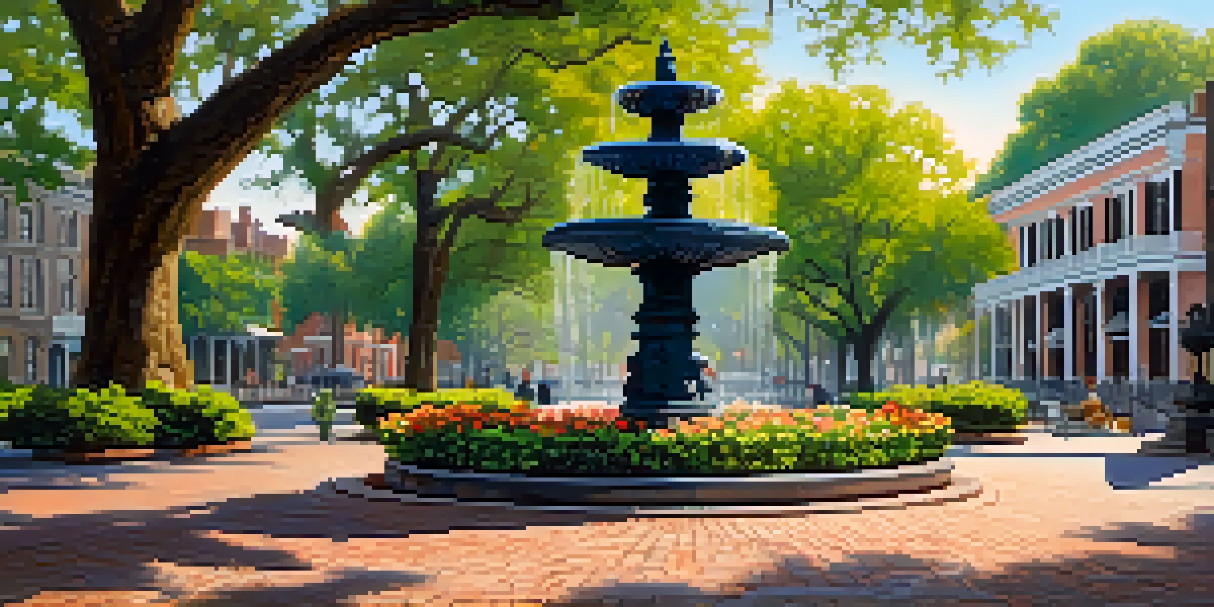 A scenic view of a historic square in Savannah with a fountain, flowers, and old buildings under soft sunlight.