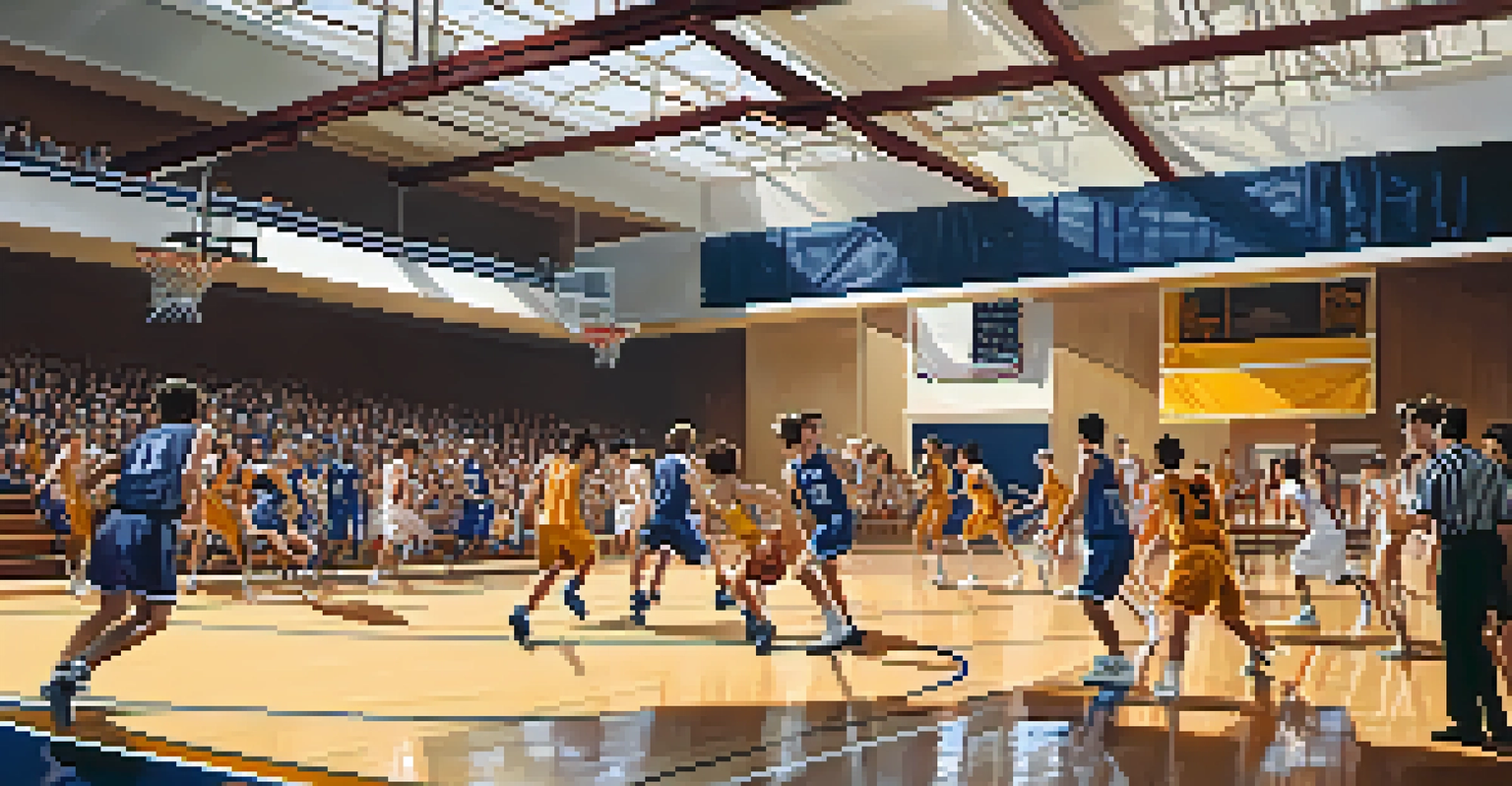 An action-packed high school basketball game in a gym with players dribbling and shooting, surrounded by enthusiastic fans.