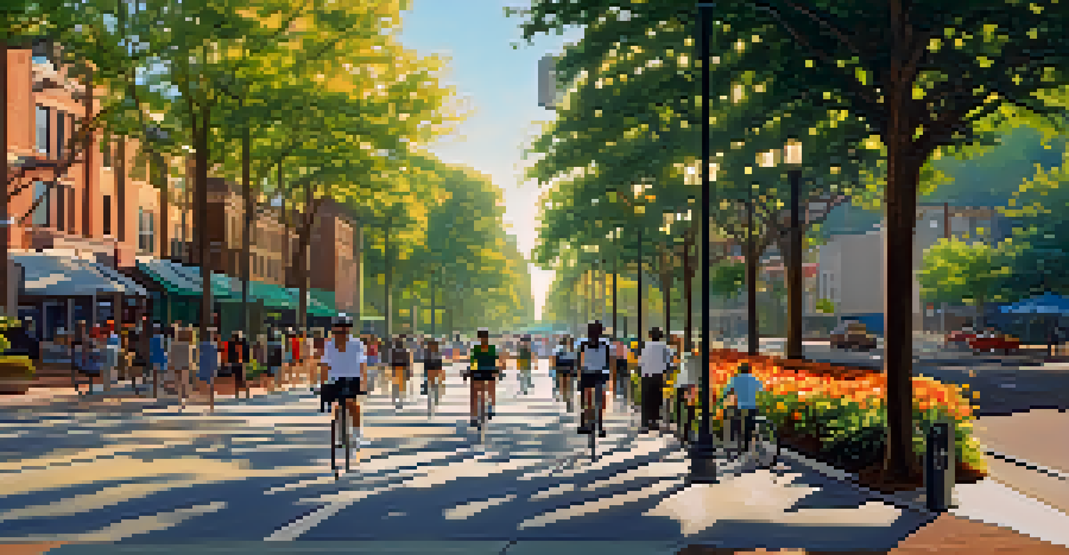 A cyclist riding through a tree-lined street in Atlanta with bike-sharing stations and pedestrians walking.
