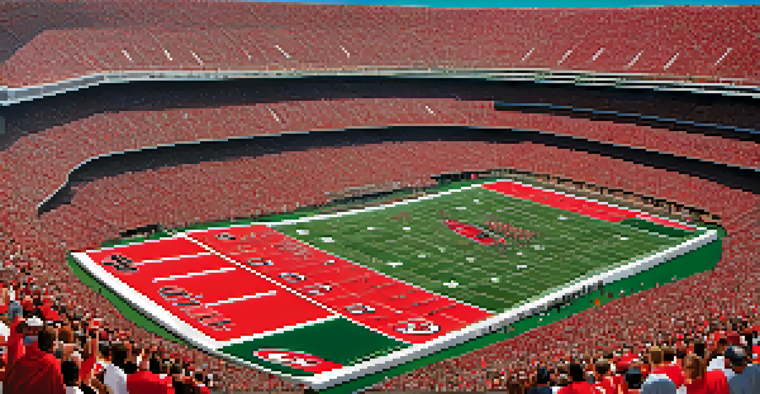 Sanford Stadium packed with fans in red and black during a college football game, under a bright blue sky.
