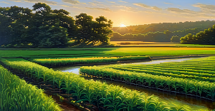 A scenic view of a Georgia farm with crops and a river, showcasing the balance of agriculture and nature.