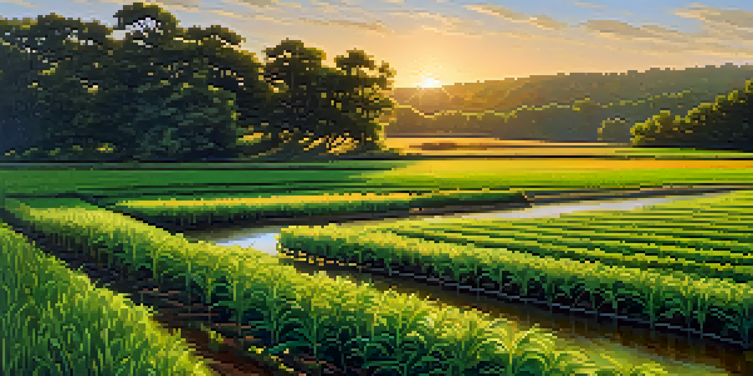 A scenic view of a Georgia farm with crops and a river, showcasing the balance of agriculture and nature.