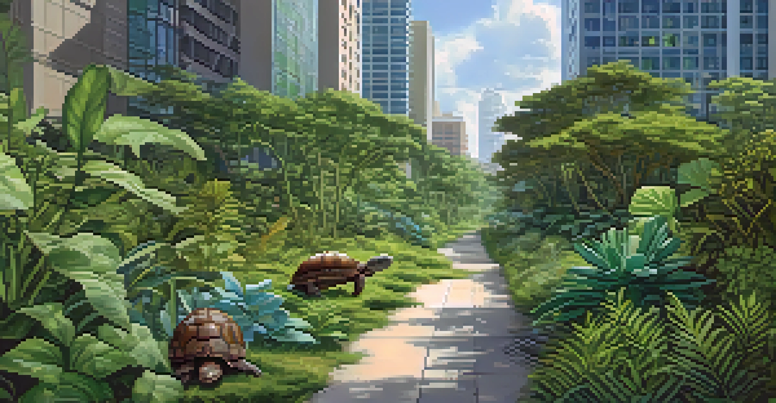 A wildlife corridor with a gopher tortoise and Eastern Indigo Snake moving through greenery, with urban buildings in the background, representing conservation efforts.