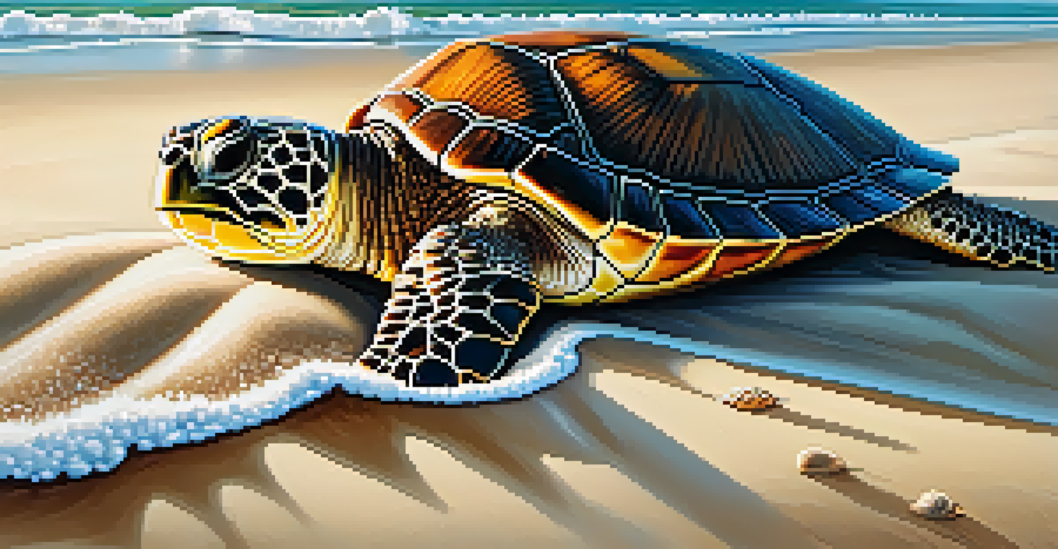 Close-up of a loggerhead sea turtle on a sandy beach in Georgia with gentle waves in the background and seashells around.