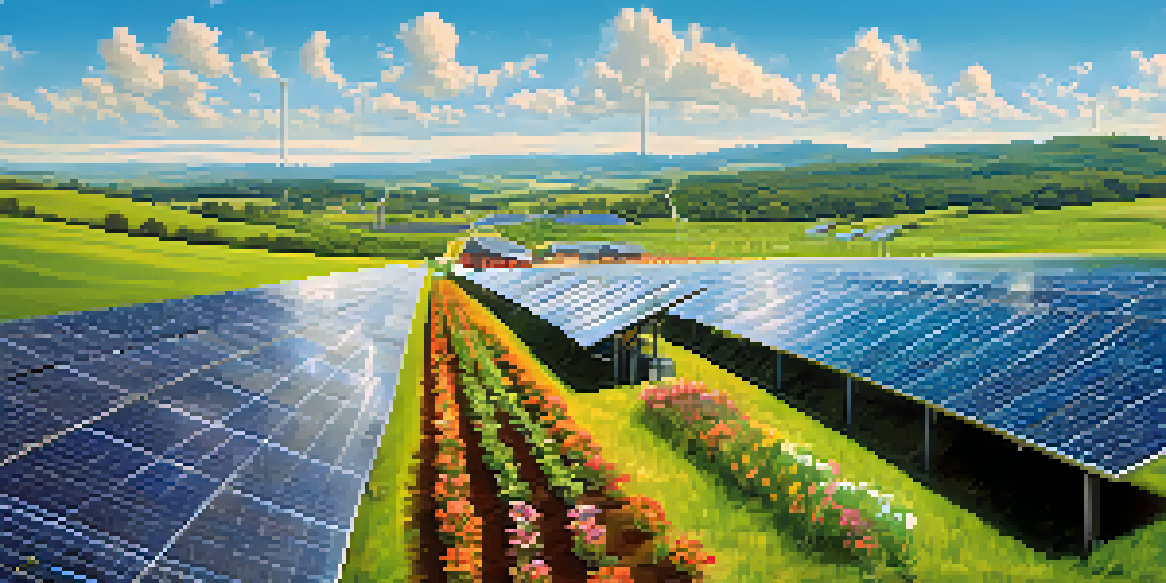 A sunny solar farm in Georgia with diverse community members planting flowers around solar panels and wind turbines in the background.