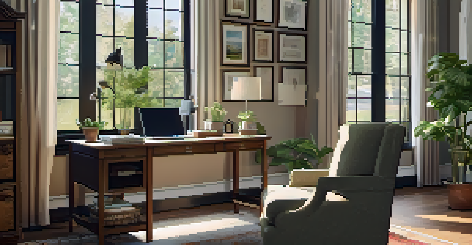 A cozy home office with a vintage desk, warm sunlight, and family pictures on the walls.