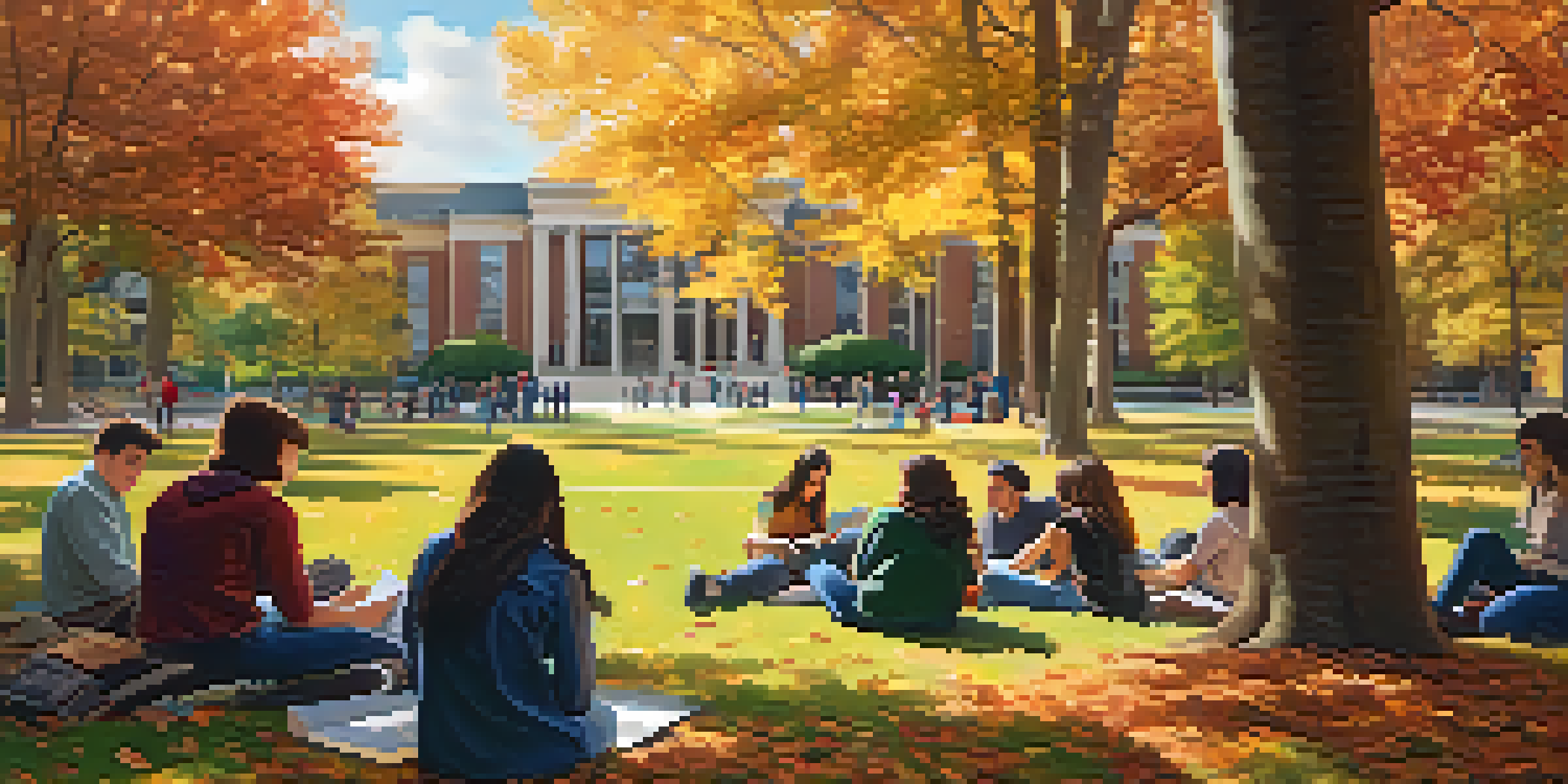 A vibrant campus scene at Georgia State University with diverse students studying on the grass, colorful autumn trees, and modern buildings in the background.