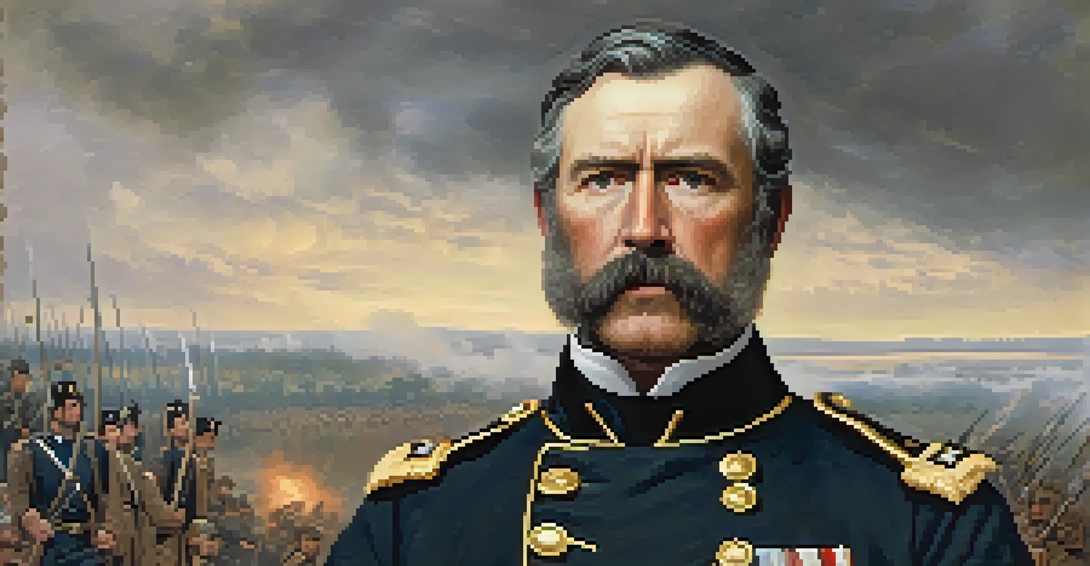 Close-up portrait of General George Thomas in Union uniform, displaying determination on the battlefield with blurred scenes of conflict in the background.