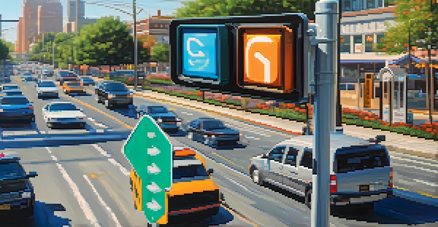 A smart traffic signal with real-time data screens, set at a busy intersection with vehicles and pedestrians.