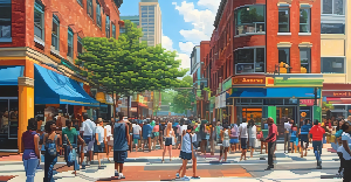 An urban street scene in Atlanta with a smart surveillance camera observing a diverse crowd, surrounded by colorful shops and greenery under warm sunlight.