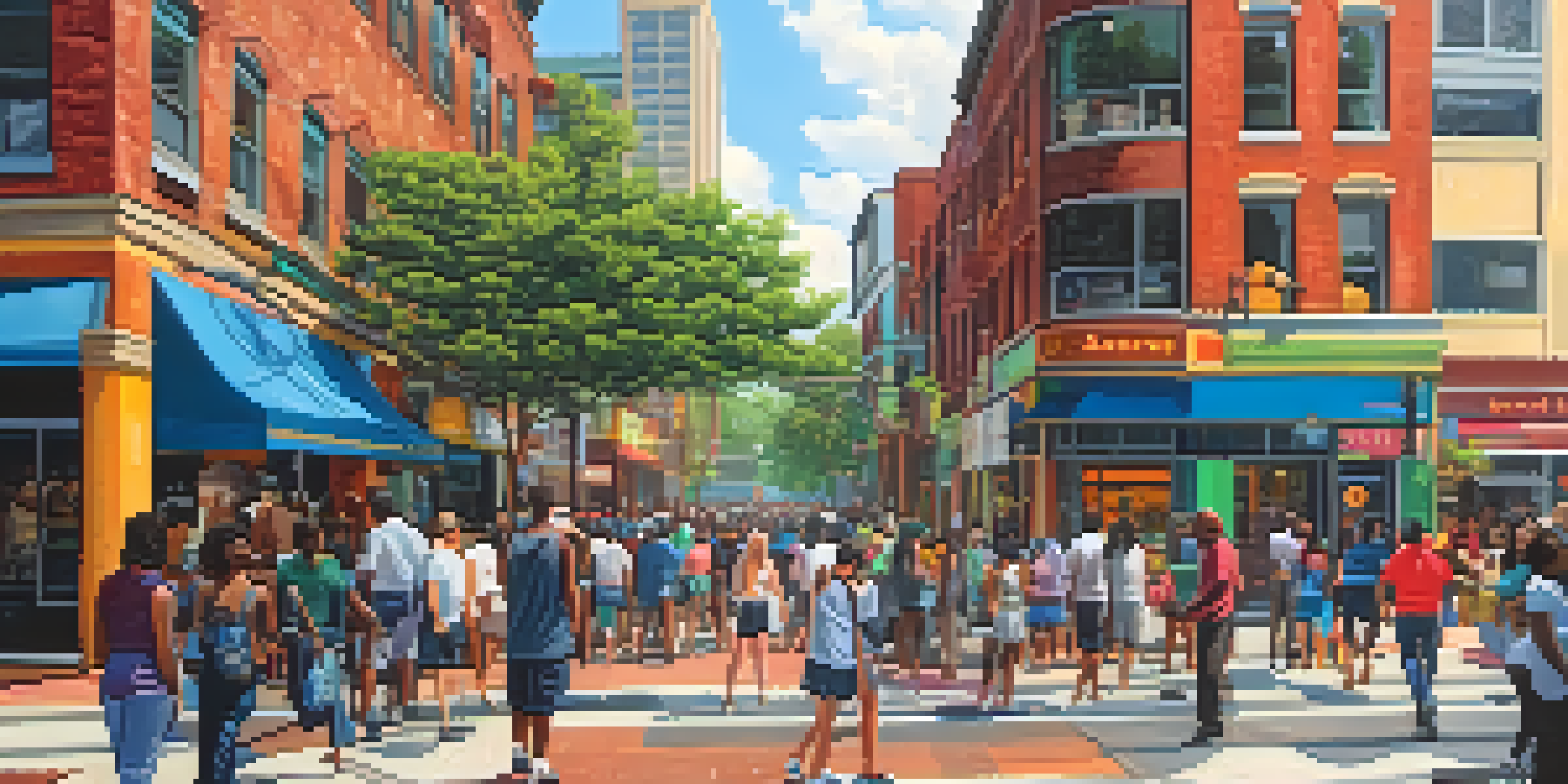 An urban street scene in Atlanta with a smart surveillance camera observing a diverse crowd, surrounded by colorful shops and greenery under warm sunlight.