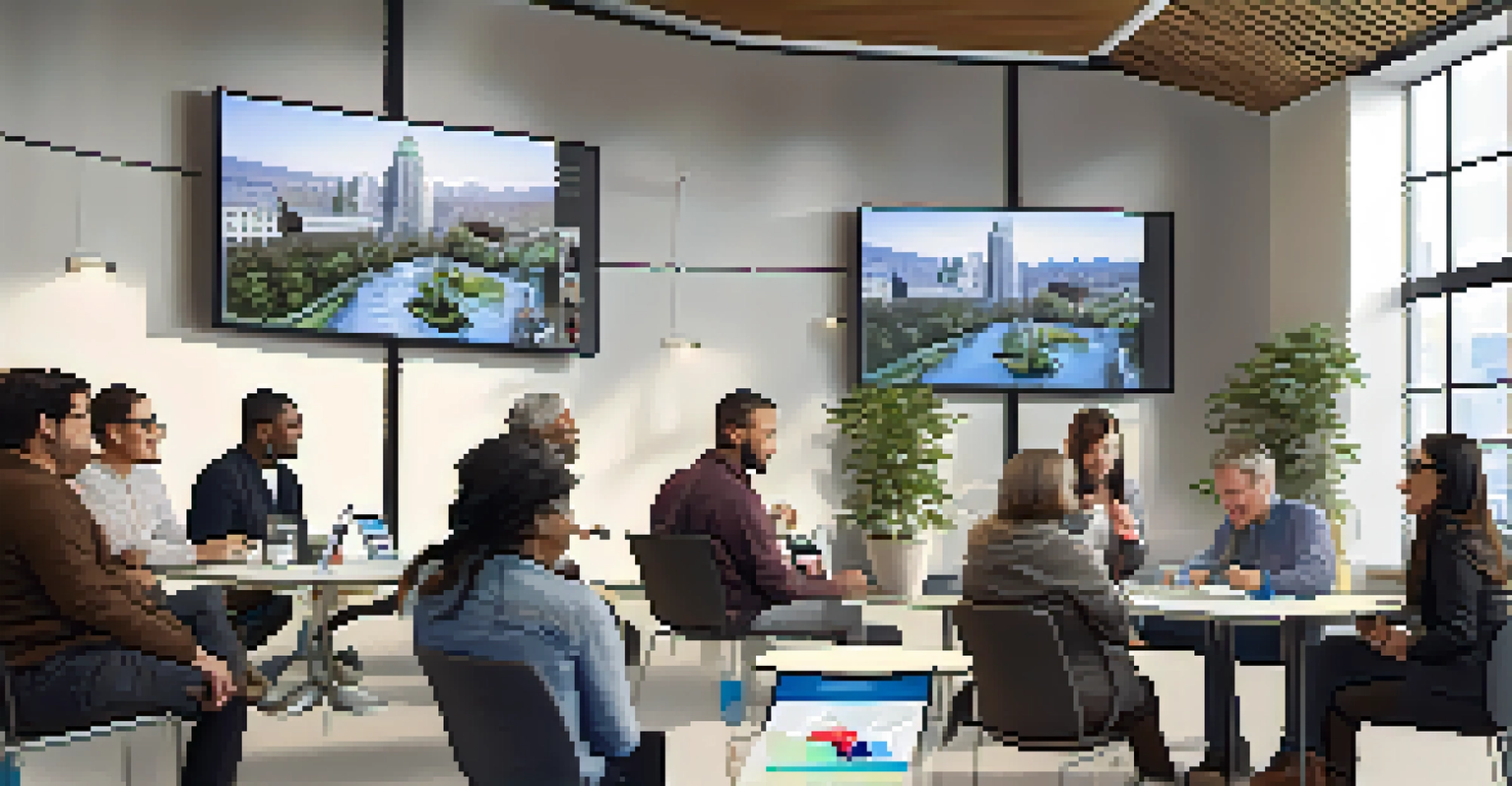 A diverse group of residents participating in a community meeting about smart city projects in a modern city hall.