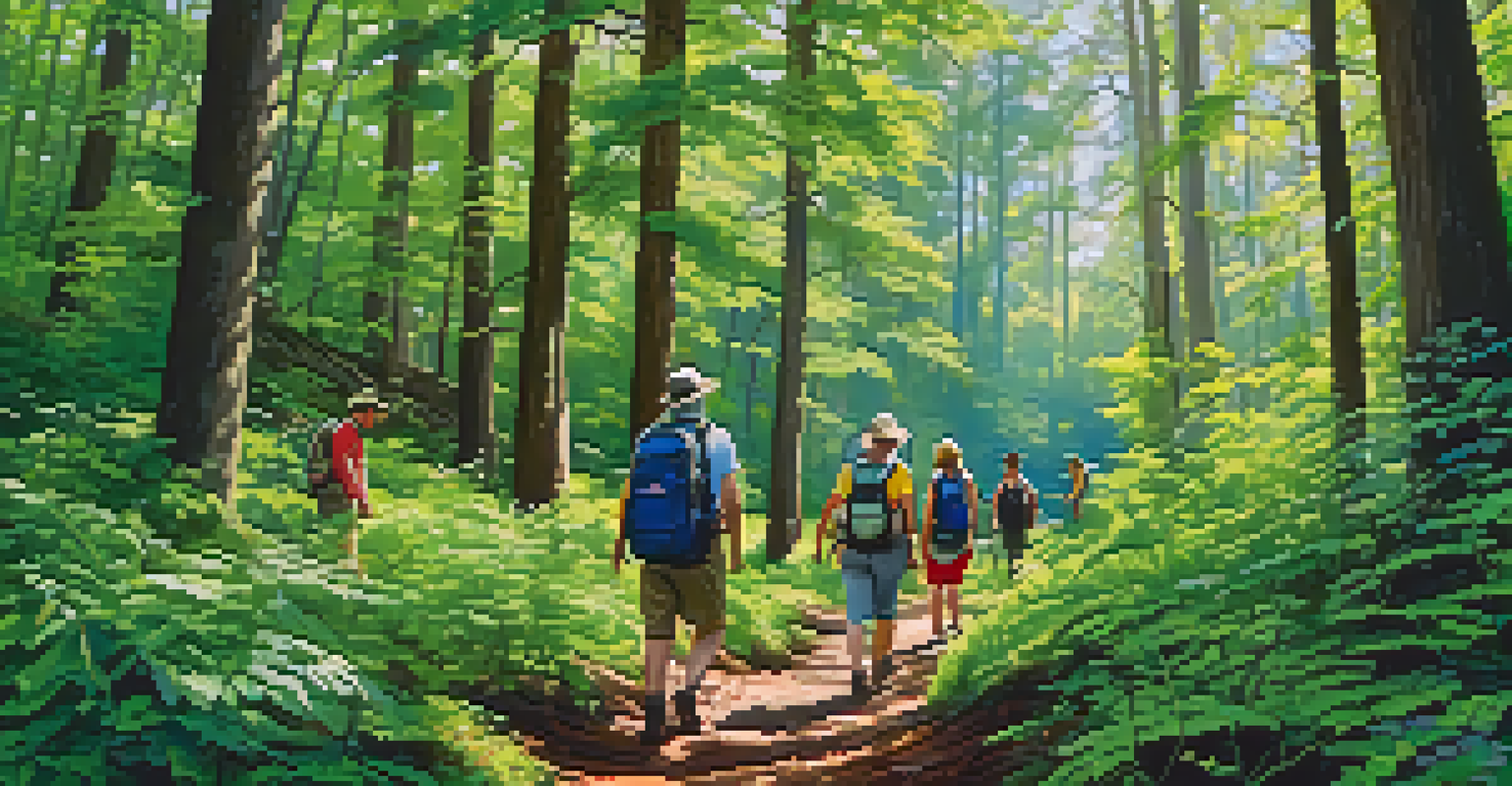 Tourists on a nature walk in a lush Georgia forest, surrounded by greenery and wildflowers.