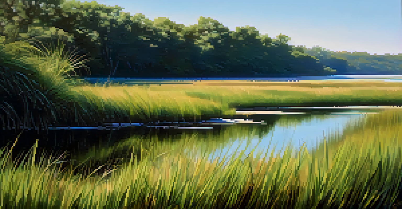 A close-up view of a coastal marsh with green grasses and birds under a blue sky.