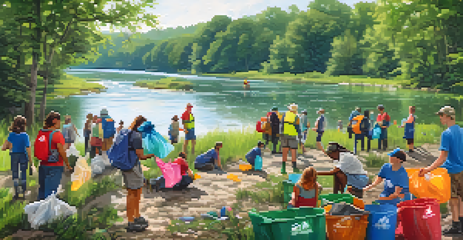 A community clean-up event by a river in Georgia with diverse volunteers.