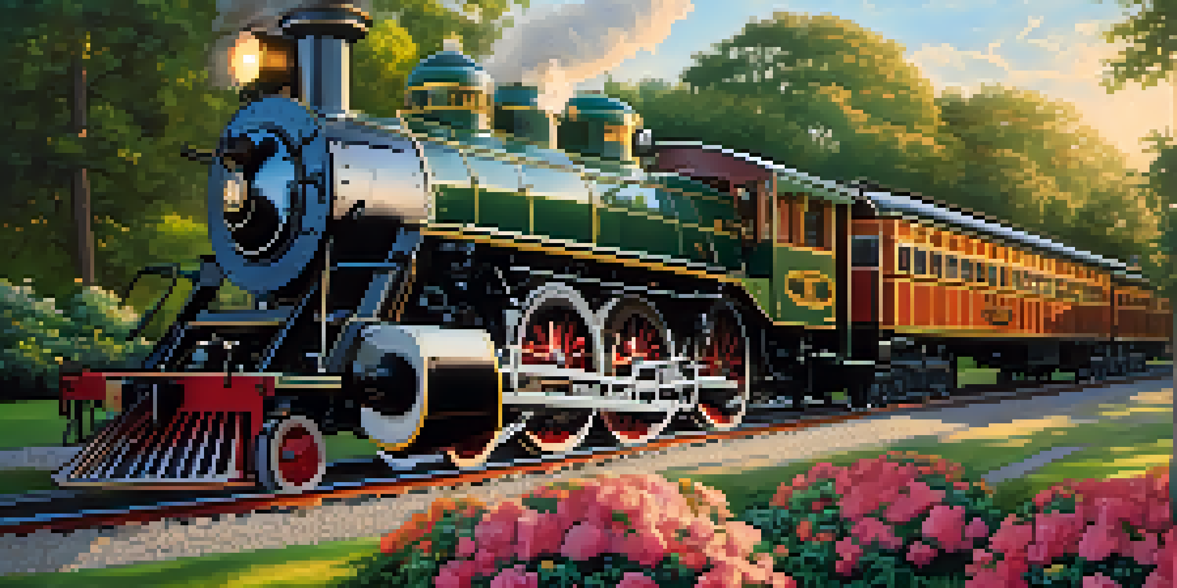 A vintage steam locomotive on display at the Georgia Railroad Museum, surrounded by greenery and flowers, with a sunset in the background.