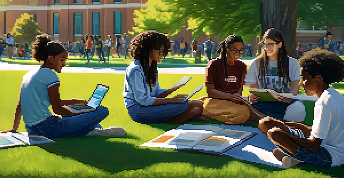 A diverse group of students studying together on the grass at Georgia State University, under warm sunlight with greenery around.